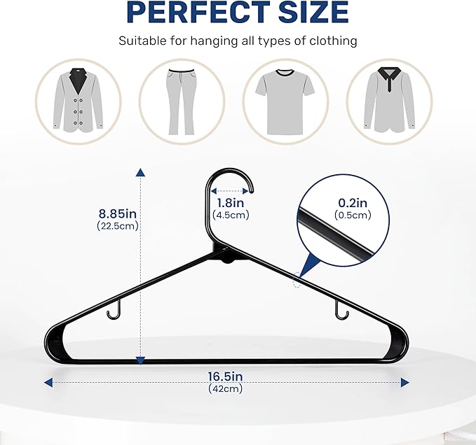 Simple Deluxe 50 Pack Plastic Garment Hangers, Slip-Resistant Hooks & Space-Saving Design, Multi-Use for Shirts, Coats, Dresses & Everyday Clothes, Black