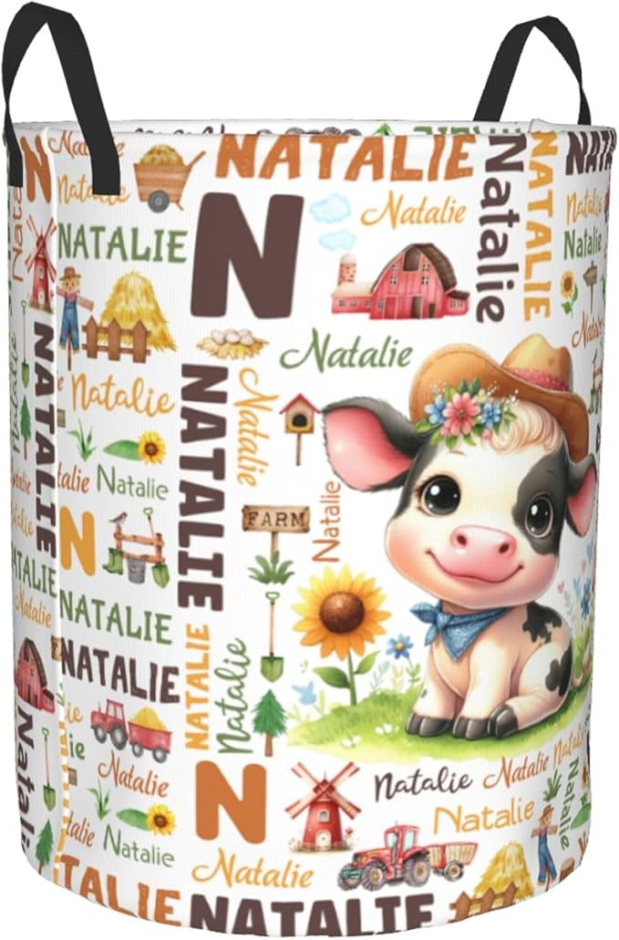 Personalized Farm Cow Laundry Basket For Baby Kids Boys Girls Adult Custom Hamper Basket With Name For Bathroom Bedrooms Collapsible Baby Laundry Basket, Dirty Clothes Hamper With Handles
