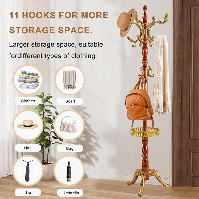 Solid Wood Coat Rack, Free Standing Hall Coat Tree with 14 Hooks, 3 Height Options, 300lbs Load, Stury Base, Clothes Rack for Entryway, Hallway, Bedroom (Tri-legged Base - H12 Begonia)
