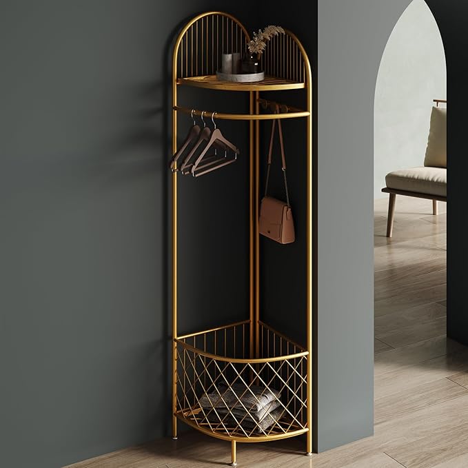 corner coat rack,corner hall tree,metal clothes rack,gold clothing rack with storage basket and hooks for bedroom,living room,entryway.corner storage rack for clothes.