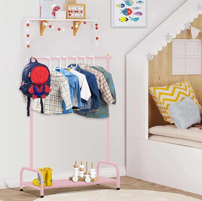 SLEEPING LAMB Kids Clothing Rack, Small Baby Clothes Rack with Bottom Storage Shelf, Kids Dress Up Rack Storage for Coats, Dance Costume Garment Rack for Hanging Clothes, Pink