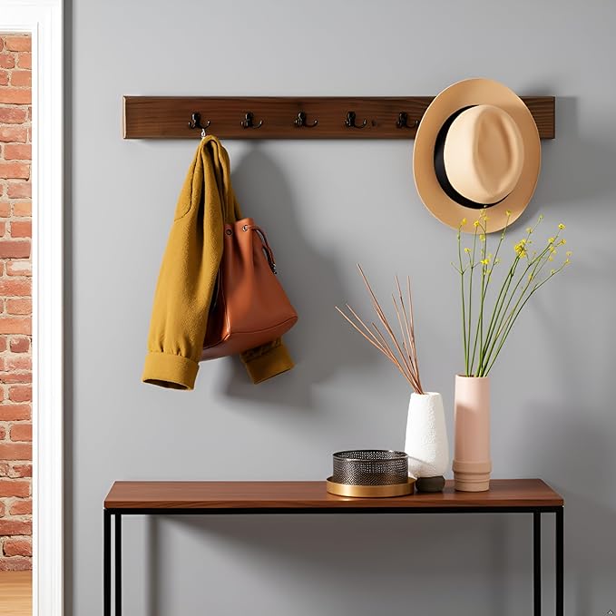 Pomona Metal and Wood Wall Coat Hook, 48 in. , Brown, 6-Hook Entryway Rack for Jackets, Scarves & Bags, Strong, Slim Wooden Design for Tight Spaces, Solid Finish, Solid Pine Wood & Metal