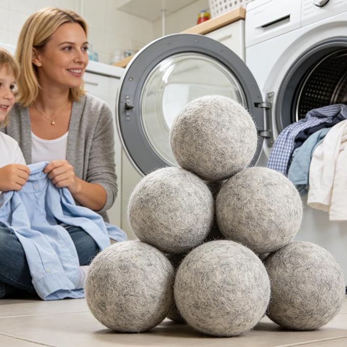 Wool Dryer Balls 6 Pack XL, 3" Genuine New Zealand Wool to Core, 100% Organic Fabric Softener Alternative, Baby Safe & Chemical Free, Reduce Wrinkles & Shorten Drying Time (Grey-6pcs)