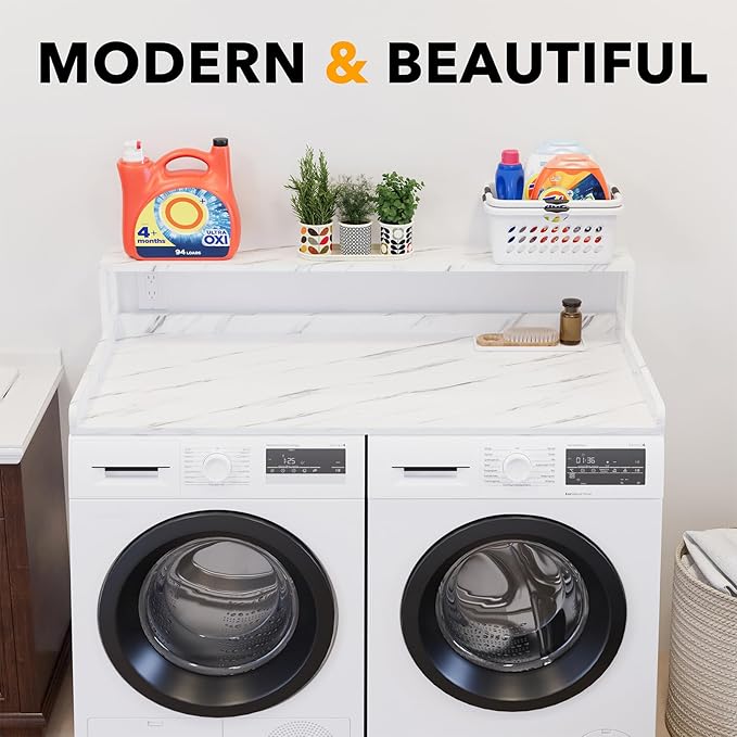 SpaceAid 2-Tier Washer Dryer Countertop, Laundry Topper with Rack Shelf 54" Width x 27.5" Depth x 10" Height Organizer Cover for Washer and Dryer Laundry Hamper Counter Storage (White Marble)