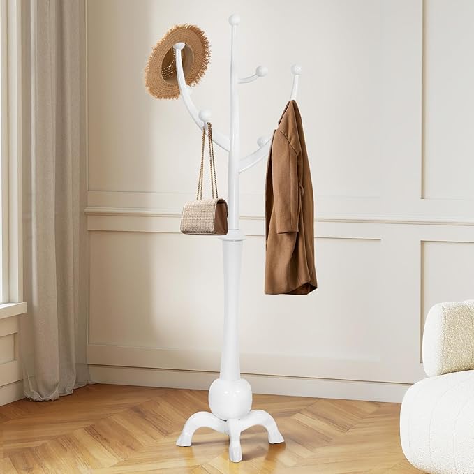 Wooden Coat Rack Freestanding with 8 Hooks, Heavy Duty Coat Hanger Stand with Stable Base, Vintage Coat Tree Standing Coat Racks for Entryway, Hallway, Bedroom (White)
