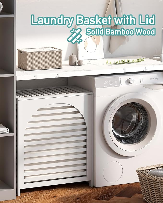 White Laundry Hamper, Laundry Hamper with Lid, 27.3 Gallon (103L) Bamboo Wood Clothes Laundry Basket with Lid and Handles, Removable Liner