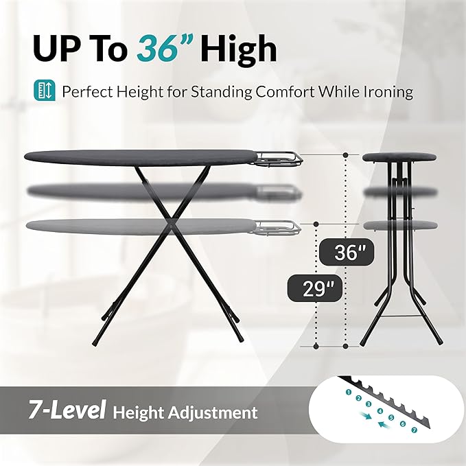 2026 Enhanced Ironing Board, Folding Iron Board with Retractable Iron Rest& Hook, 7-Level Height Adjustable Ironing Table with Thermo-Reflective Surface &10mm Thicken Pad, 43"x14"x36"