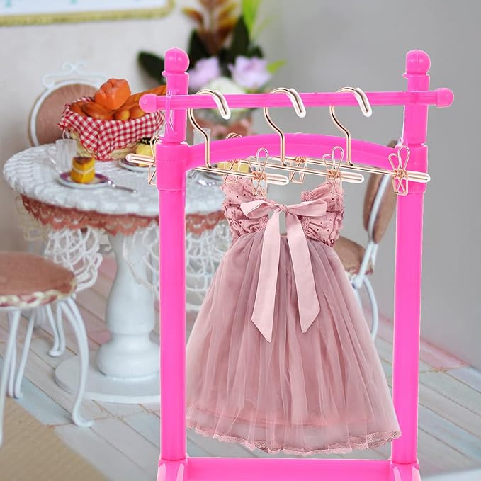 Luxshiny Mini Doll Clothes Hangers Set of 5 Metal Small Dress Hangers for Dollhouse Decor and Outfit Display Rose Gold Miniature Clothes Rack