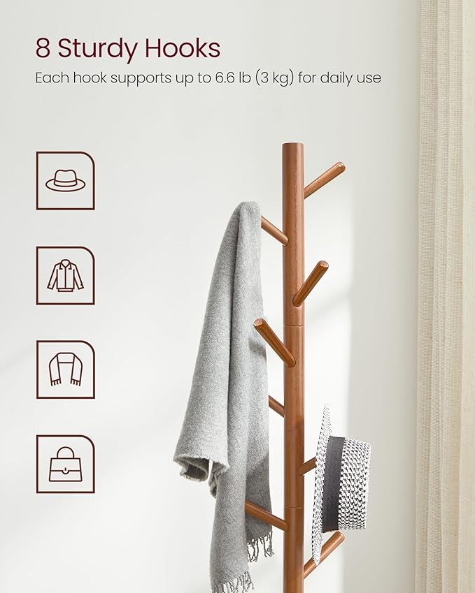 VASAGLE Solid Wood Coat Rack, Free Standing Tree-Shaped Coat Rack with 8 Hooks, 3 Height Options, for Clothes, Hats, Bags, Living Room, Bedroom, Home Office, Caramel Brown URCR04WN