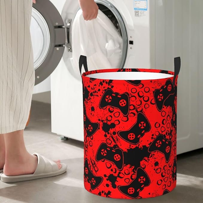 Game Joysticks Red Background Round Laundry Hamper Storage Basket Toys Clothes Organizer Bin For Home Bathroom Bedroom Dorm Nursery, 38l