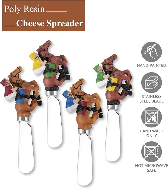 Supreme Housewares Derby Cheese Spreaders, Hand-Painted Resin Handles with Stainless Steel Blades for Spreading Cream Cheese, Butter, and Jam, Assorted Designs, Set of 4