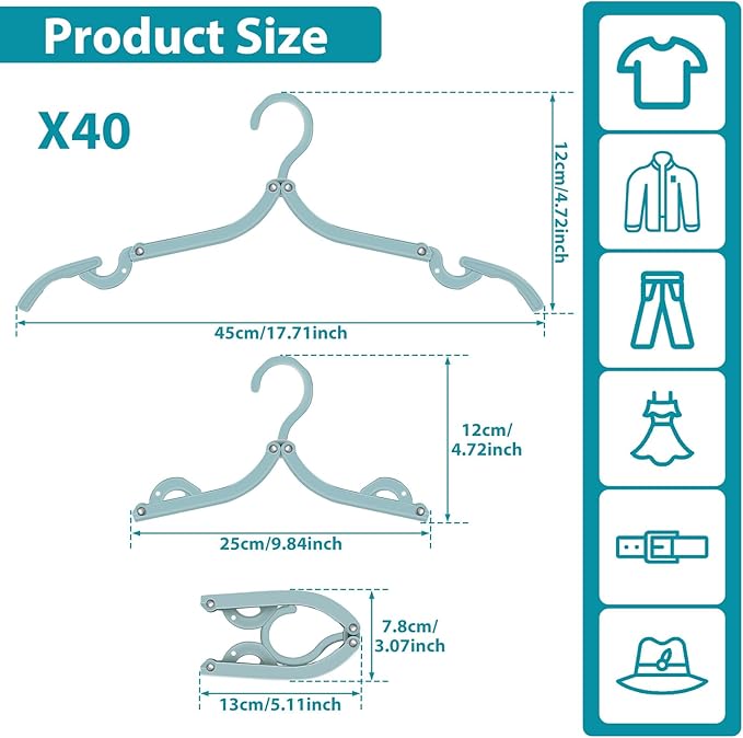 40PCS Large Travel Hangers Lightweight Portable Clothes Hangers with Non-Slip Grooves Space Saving Foldable Clothes Hanger 45cm Plastic Folding Hanger for Travel Camping Home RV