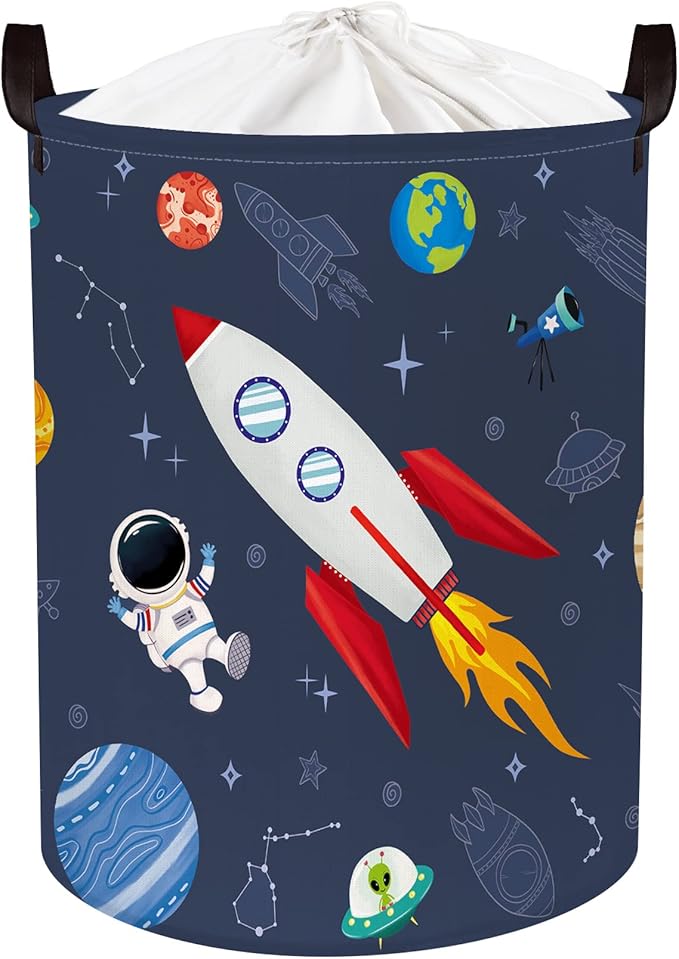 Clastyle 45L Rocket Astronaut Laundry Hamper for Bedroom Waterproof Collapsible Blue Universe Toys Storage Basket with Drawstring, 14.2 * 17.7 in