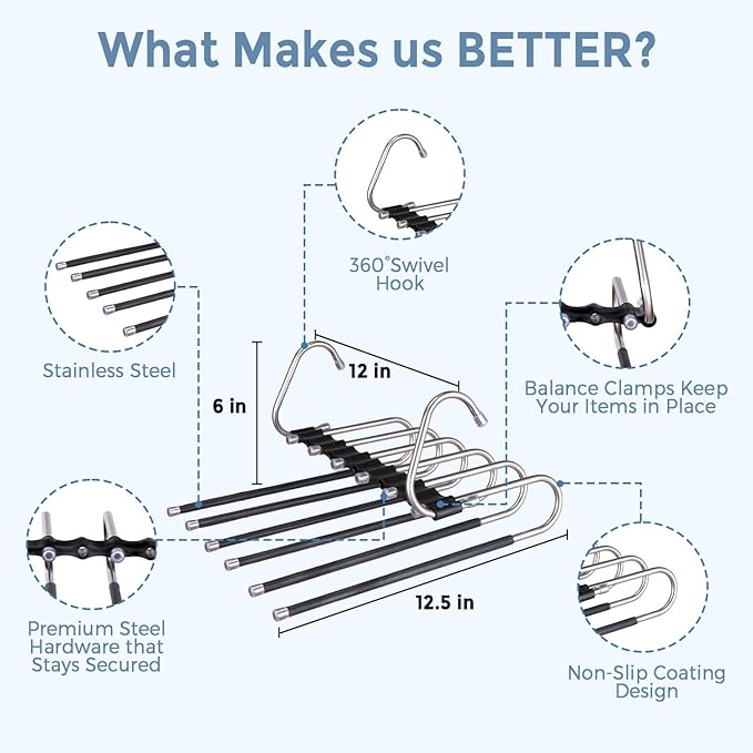 Magic Pants Hangers Space Saving - 2 Pack Multi Layers Pant Hangers with Clips - Non Slip Scarf Hanger Jean Organizer for Closet - Multi Functional Pants Rack (2 Pack with 6 Hanging Clips)