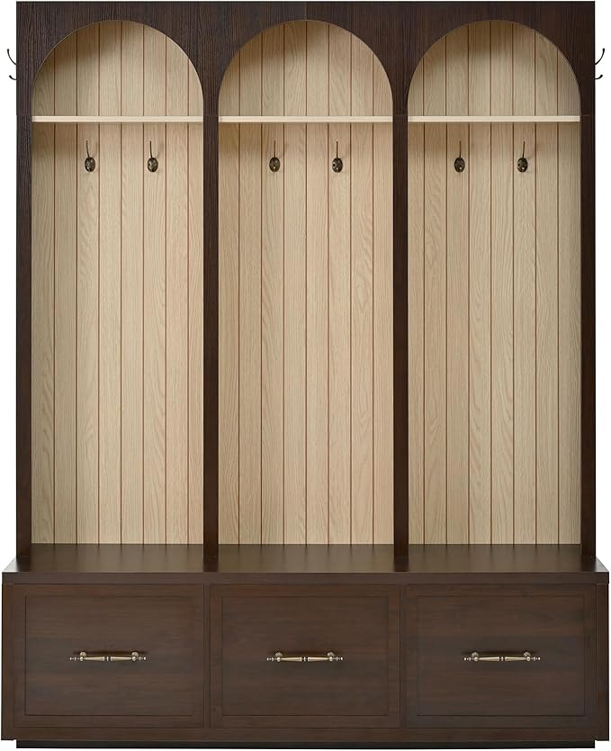 Farmhouse Hall Tree with Three Arched Design, All-in-One Design Wooden Coat Rack & Shoe Organizer with 3 Drawers, 59" Wide Entryway Bench with 8 Retro Hooks for Mudroom, Living Room (Dark Walnut//538)
