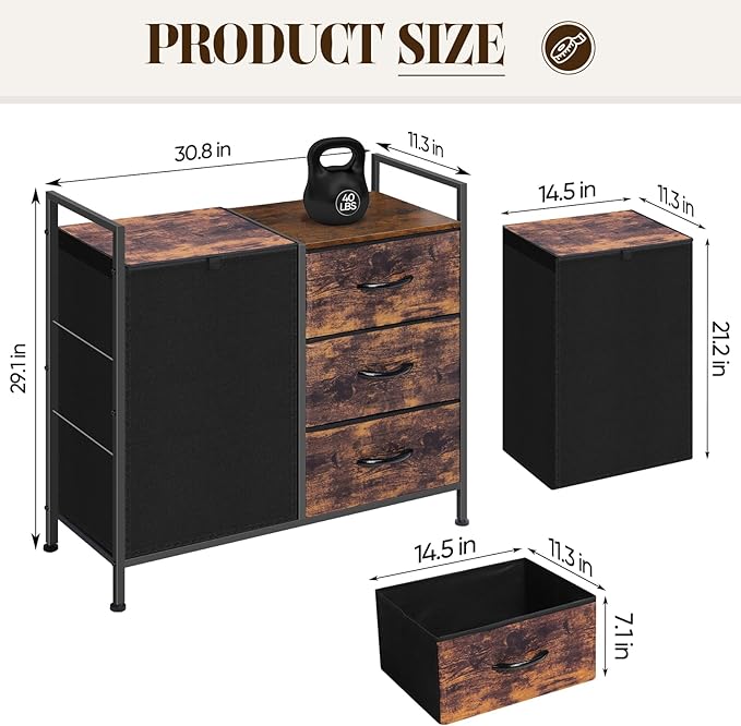 Laundry Hamper, Laundry Basket, Laundry Sorter with 3 Cloth Drawer and 1 Large Removable Dirty Clothes Bag, Shelf, Metal Frame, Wooden Tabletop, 30.8 x 11.3 x 29.1 Inches, Rustic Brown and Black