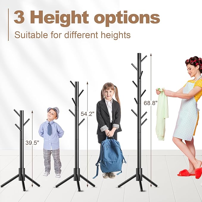 Wooden Coat Rack Stand, Freestanding Coat Rack with 8 Hooks, 3 Adjustable Size Coat Tree for Hats, Coats, Scarves bags, Coat Hanger Stand Used in Bedroom/Office/Entryway,2 PCS (Black)