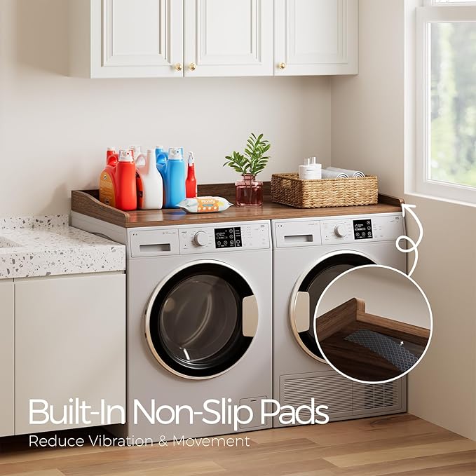 Washer Dryer Countertop, 54" W x 27.5"D Washer Dryer Topper with Non-Slip Mat, Laundry Countertop Organizer for Folding Clothes, Walnut