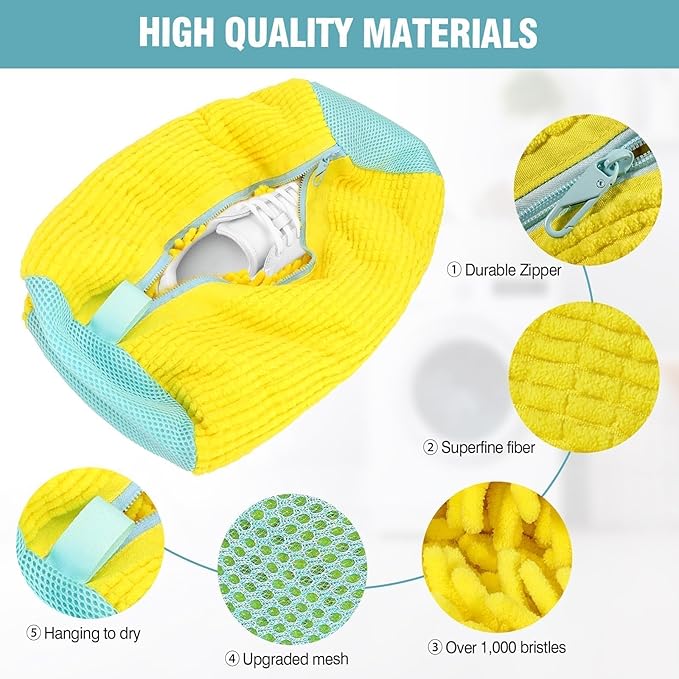 Shoe Washing Machine Bag, Shoe Laundry Bag for Washer and Dryer, Include Dry Net Bag, Reusable and Durable Zipper with Hook Design, Shoe Washing Bag for Sneaker (Yellow, 2 Pack)
