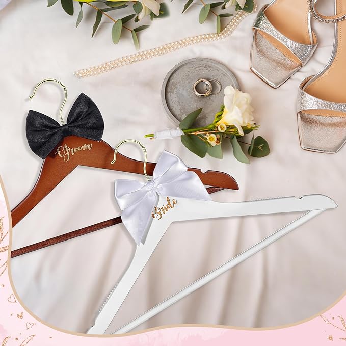2 Pack Bride and Groom Wedding Hanger Set, Bridal Wedding Dress Hanger with Bow Tie for Wedding Gift Bridal Party & Shower