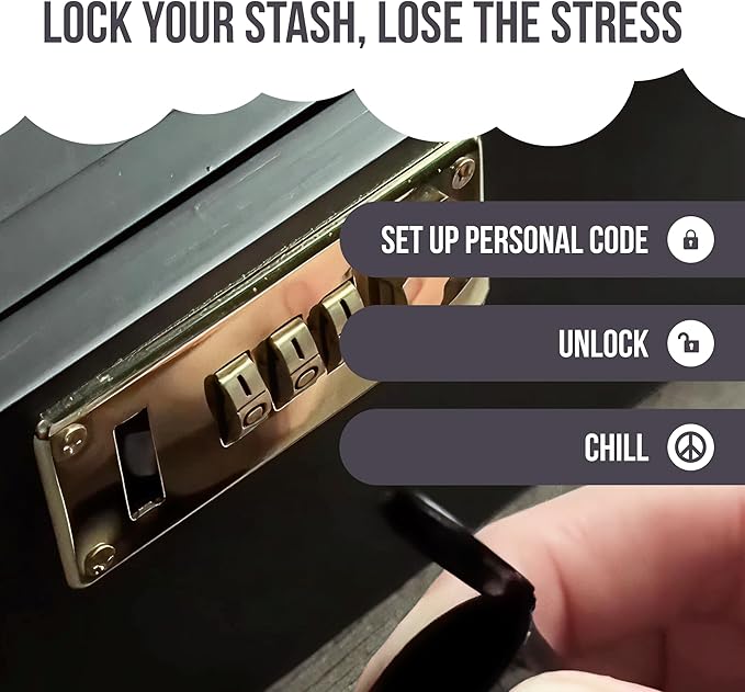 HASHSTASH The OG Storage Box - Large Bamboo Box with Combination Lock, Magnetic Lid, Organizer Tray, Airtight Tube and 3 Jars - Discreet Decorative Locking Wooden Box with Accessories (Black/Gold)