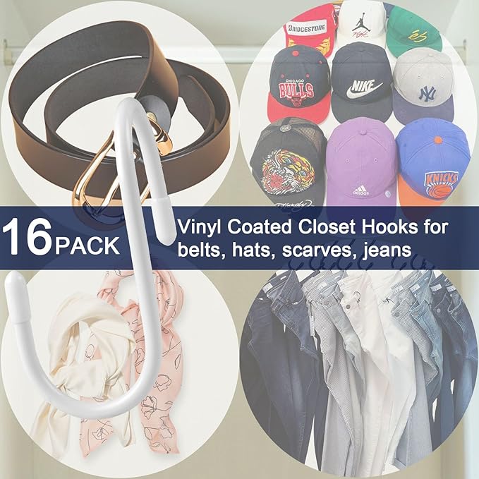 HiGift 16 Pack Bag Hooks for Closet, Unique Twist Design White Vinyl Coated Purse Hanger Organizer Hooks, Large Closet Hooks Purse Organizer Holder for Hanging Purses,Handbag,Belt,Hat,Backpack,Jeans