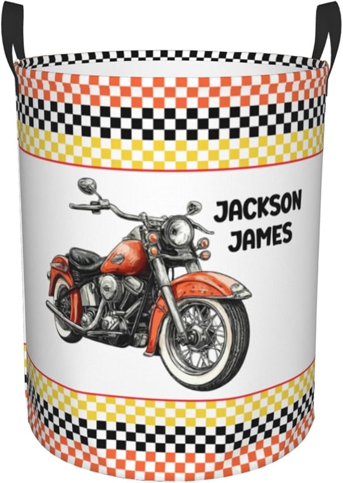 Personalized Motorcycle Laundry Basket, Custom Laundry Hamper With Name Gifts For Kids Baby Adults, Collapsible Dirty Clothes Storage Organizer With Handles S 16.5 X 13.8in