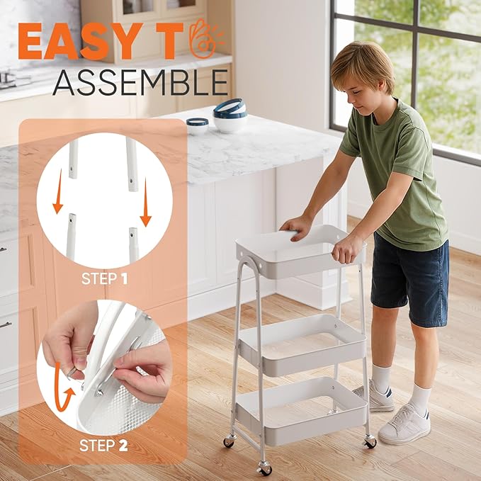 Sekey 3 Tier Rolling Cart, Hanging Cups, Hooks, Heavy Duty Mesh Rolling Storage Cart Organizer with 2 Lockable Wheels for Bathroom, Kitchen, Office, Craft, Makeup, Baby Essentials, White