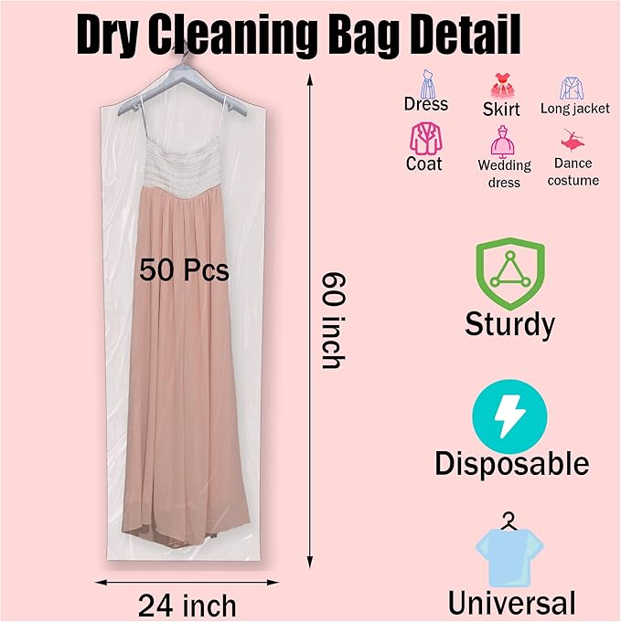 60inch Dry Cleaning Bag - 50pcs Extra Long Plastic Clear Dress Bags for Gowns, Disposable Garment Bags for Hanging Clothes