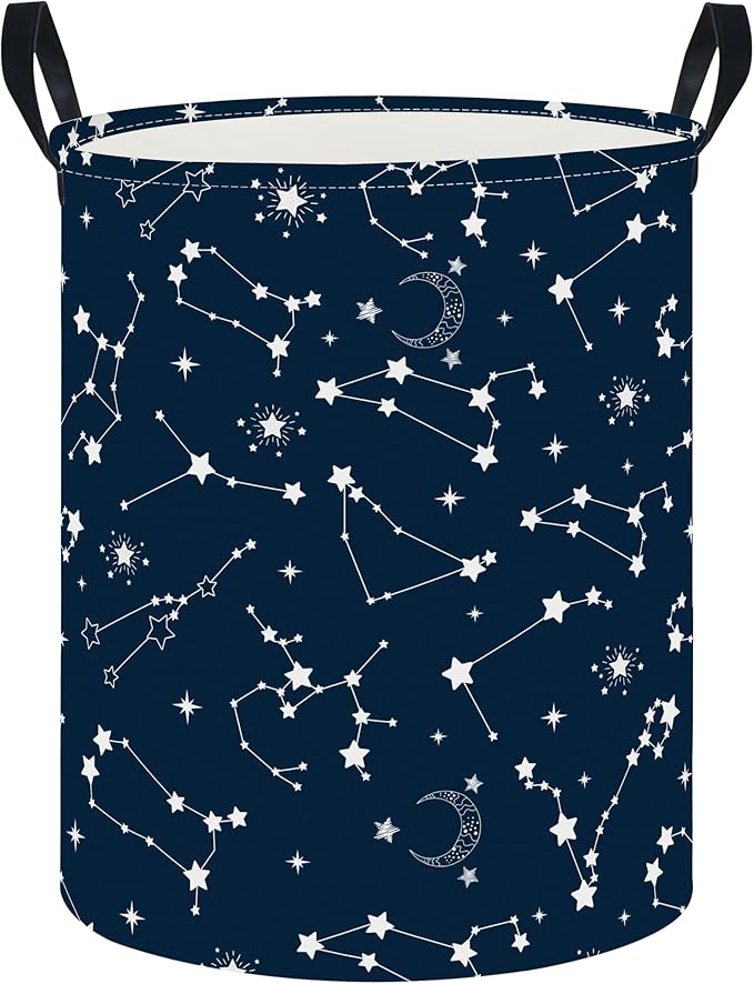 CLOCOR Large Blue Round Laundry Hamper,Kids Toy Storage Basket,Baby Dirty Clothes Nursery Hamper for Boys and Girls,Bedroom,Bathroom,Gift Basket(Starry Sky)