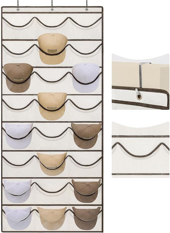 LoforHoney Hat Organizer for Baseball Caps, Over The Door Hat Rack with 24 Deep Pockets, 3 Hooks, Visible Hat Holder, Beige
