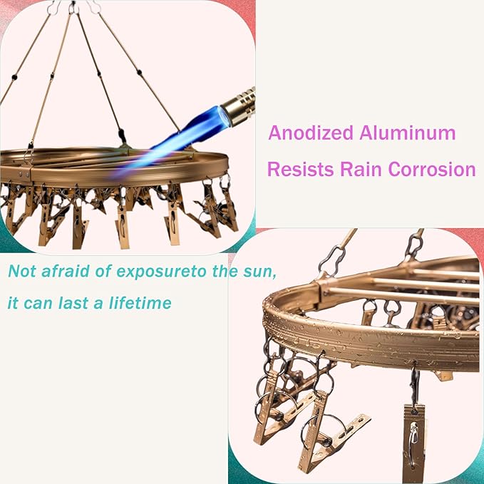 Sock Drying Rack with 26 Non-Slip Clips - Aluminum Hanging Drying Rack for Underwear, Baby Clothes & Delicates | Oval Design & Wind-Resistant Hooks (Champagne Gold) - 2 Pack