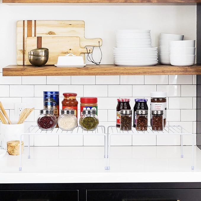 SIBAO Set of 6 Kitchen Cabinet Storage Shelf Rack - (13.1 x 10.2 Inch) /Plastic Feet - Steel Metal - Rust Resistant Finish - Cups, Dishes, Cabinet & Pantry Organization (White)