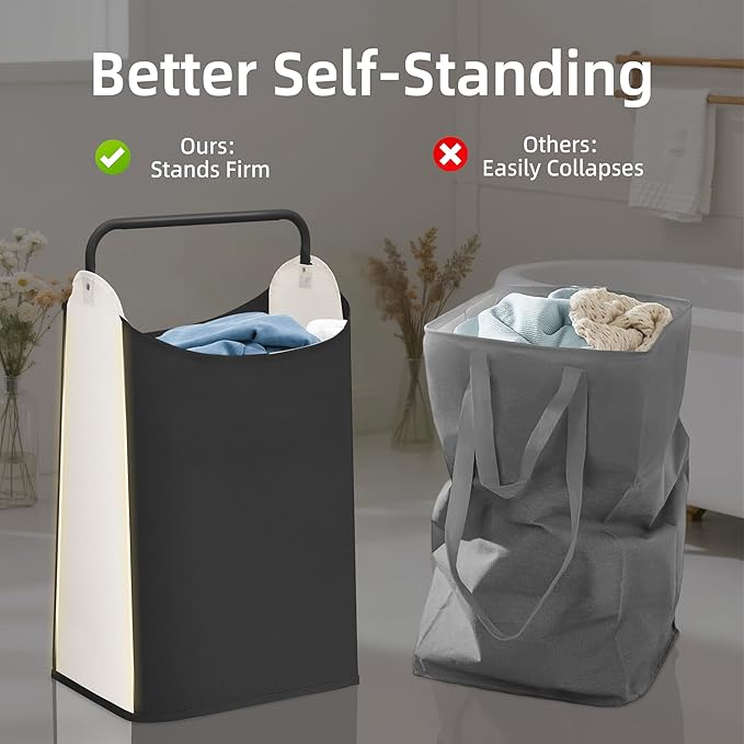 STORAGE MANIAC Large Laundry Hamper with Sturdy Metal Handle, Collapsible Laundry Basket, Freestanding Waterproof Clothes Hamper for Laundry Room, Bedroom, Dorm, Towels, Toys, Black & White