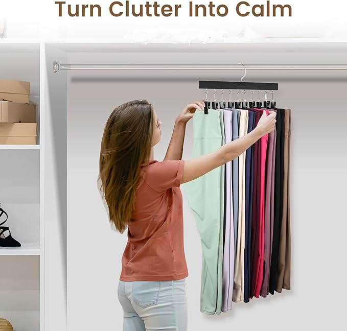 2 Pack Leggings Hangers for Closet, Wooden Legging Hanger for Closet Organizer with 20 Upgraded Clips Holds 20 Leggings, 360° Rotatable Space Saving Yoga Pants Hanger for Socks, Skirts, Black