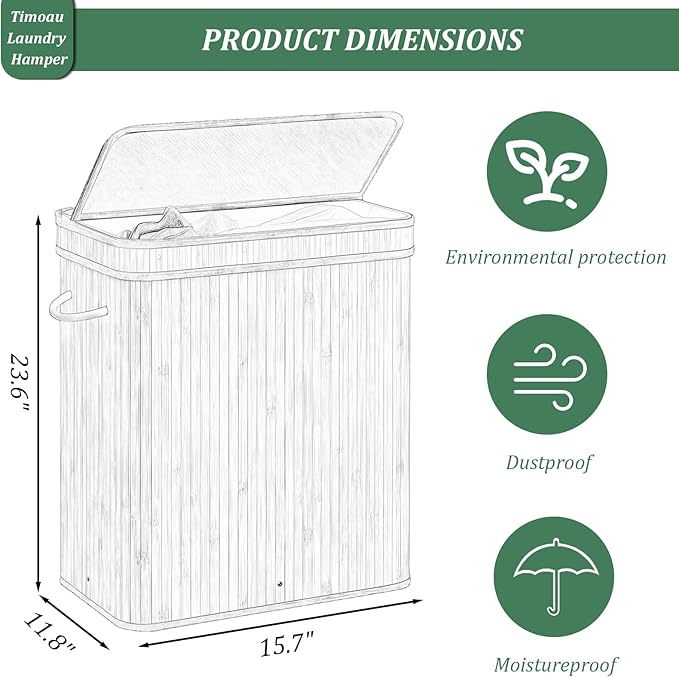 72L Laundry Hamper with Lid, Bamboo Laundry Basket with Removable Liner Bag, Foldable Clothes Hamper with Handles for Bedroom, Bathroom, Closet, Grey