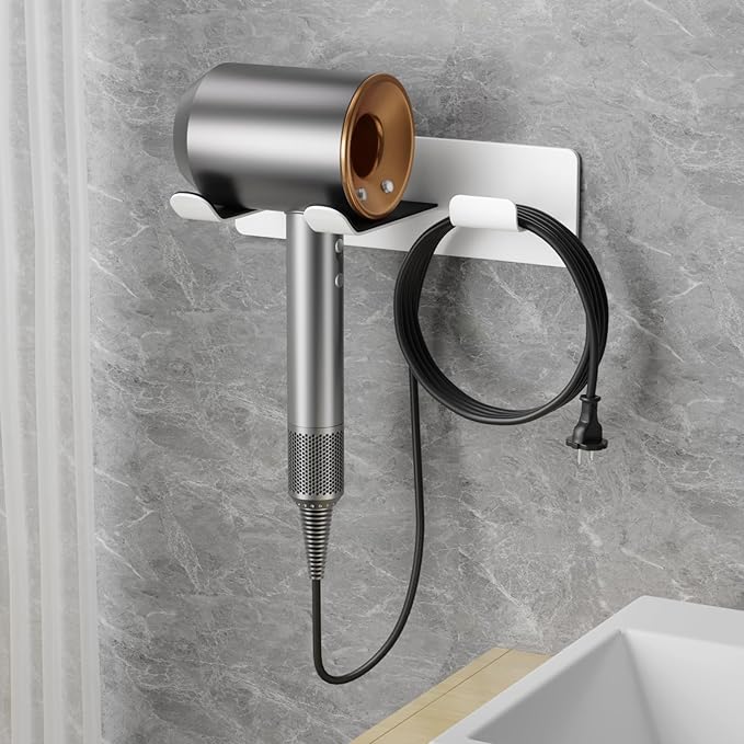 Hair Dryer Holder Wall Mount Compatible 304 Stainless Steel Blow Diffuser Holder Organizer Adhesive for The Bathroom White