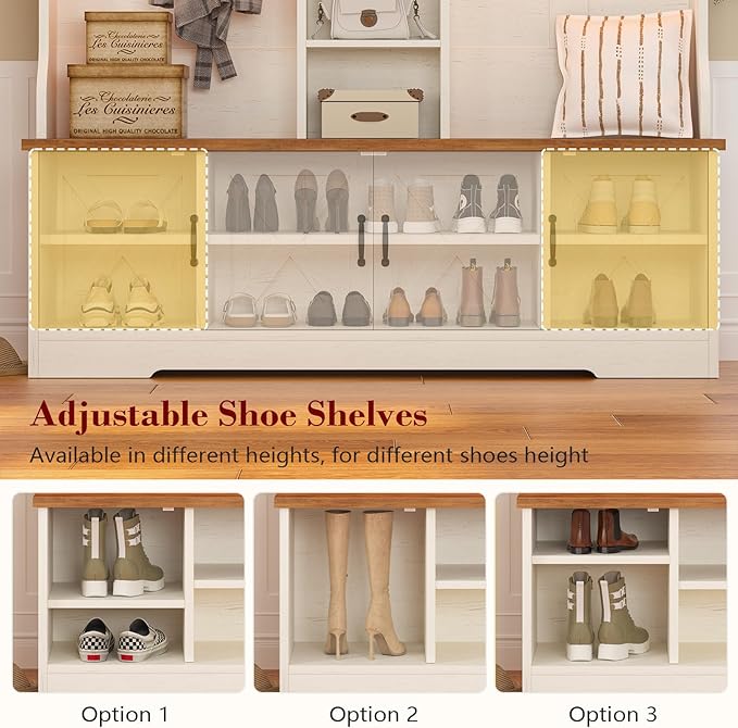 Hall Tree with Bench and Shoe Storage, Farmhouse Entryway Bench with Coat Racks and Led Lights, Large Hall Tree with 12 Coat Hooks, 8 Storage Cubbies, Adjustable Shelf