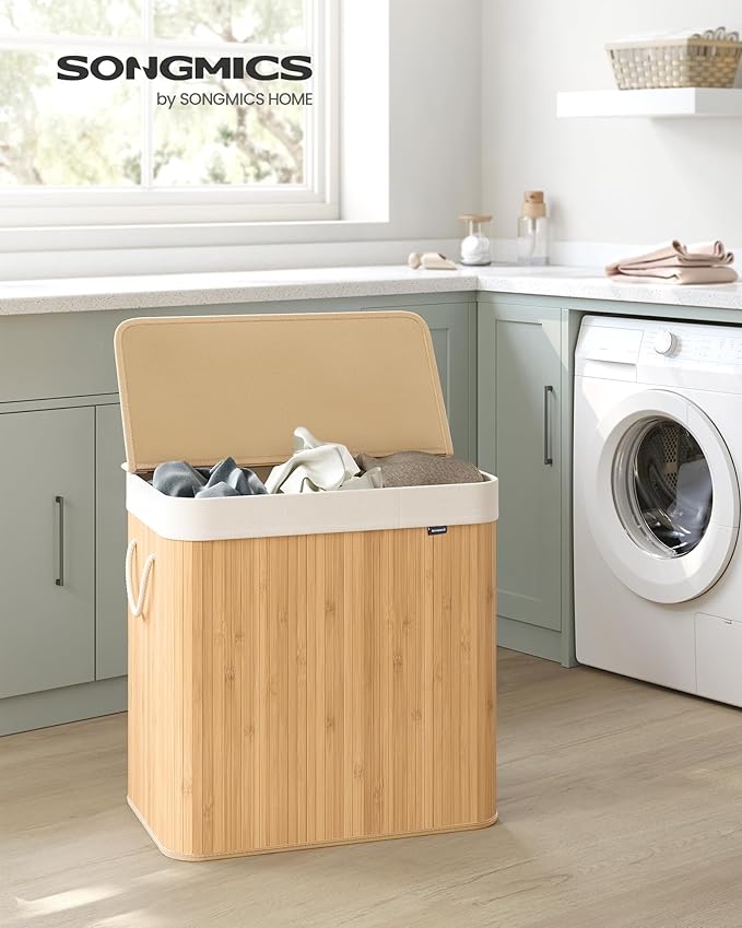 SONGMICS Laundry Hamper, 39.6 Gal. (150 L), 3-Section Laundry Basket, Laundry Hamper with Lid, Bamboo, Foldable, Removable and Machine Washable Liner, for Laundry Room, Bedroom, Natural ULCB091N01