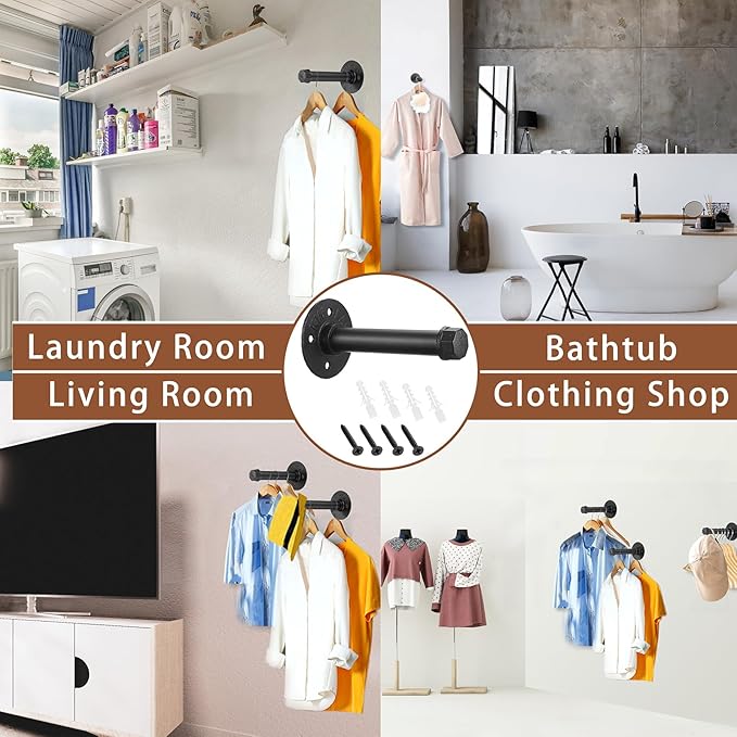 Sumnacon 2 Pcs 5.9 Inch Industrial Pipe Clothes Bar - Heavy Duty Rustic Metal Coat Hanger with Screws, Wall-Mounted Garment Holder Rack for Bedroom/Bathroom/Cabinet/Boutique/Clothing Store, Black