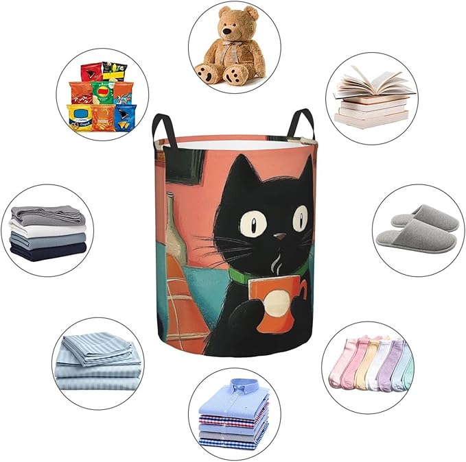 Cute Black Cat Print Laundry Basket For Storage Bins Gift Baskets Bedroom Clothes Hamper
