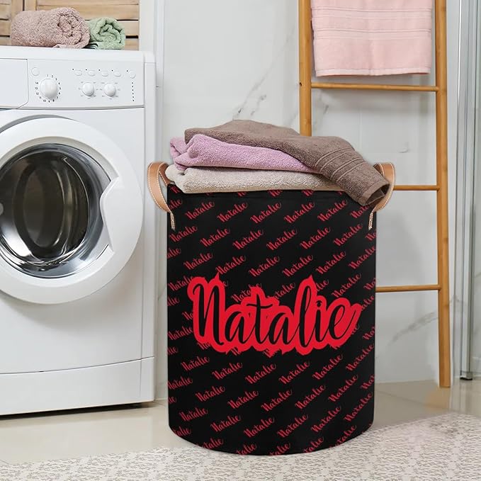 Personalized Laundry Basket, Custom Gift Laundry Hamper, Collapsible Nursery Waterproof Laundry Baskets, Dirty Clothes Toy Hamper with Handles Name Black Red