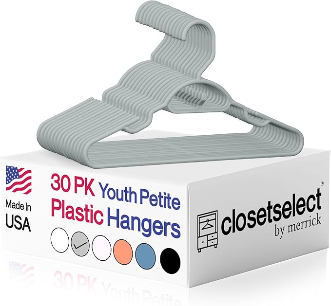 Youth Hangers 30 Pack - 13 Inch Plastic Youth Petite & Childrens Hangers for Closet, Baby Hangers for Children Clothes Sizes 4 to 10, Non-Slip Infant Hangers with Shoulder Grooves | Grey