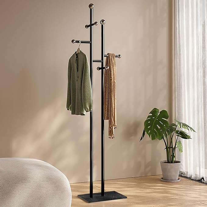 Coat Rack Freestanding with Marble Base, Heavy Duty Metal Clothes Rack, Corner Coat Tree Hat Rack for Entryway Bedroom Living Room Hotel 14.96 x 10.24 x 68.9 Inches (Black)