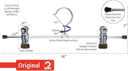 Mawa by Reston Lloyd Non-Slip Space-Saving Clothes Hanger For Pants & Skirts with Two Clips, Style K/40D, Set of 10, 15 3/4"L, Black