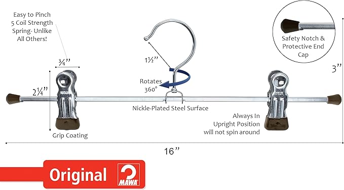 Mawa by Reston Lloyd Non-Slip Space-Saving Clothes Hanger for Pants & Skirts with Two Clips, Style K/40D, Set of 2, 15-3/4", Black