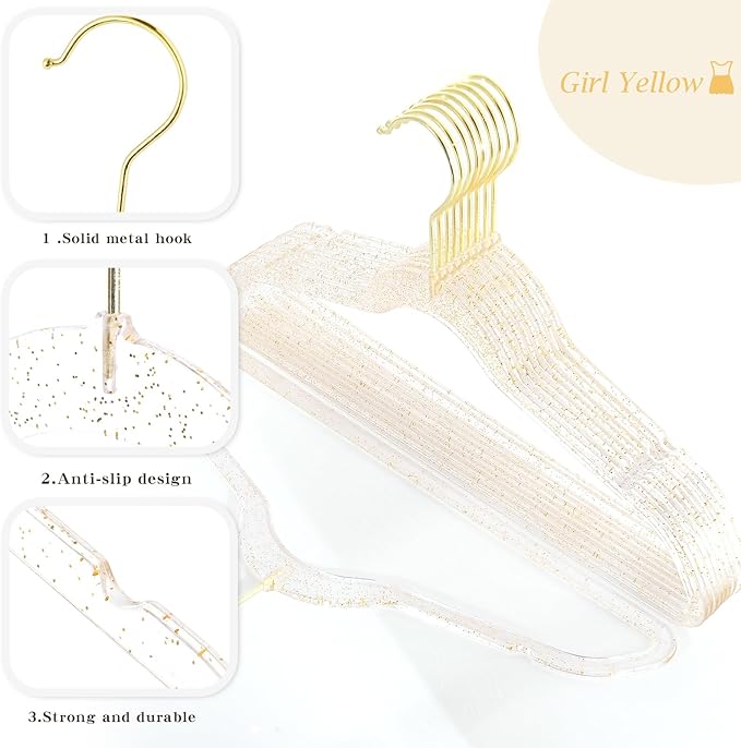 Baby Glitter Hanger 20 Pack,13.97" Kids Toddler Hangers for Closet, Gold Sparkling Plastic Baby Clothes Non-Slip Space Saving Hangers for Dress Up,Large Girl's Gold Hanger