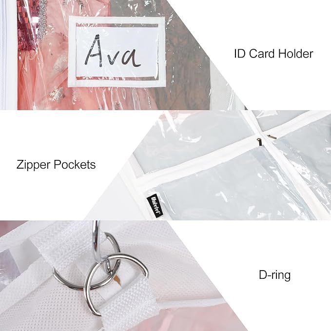 Univivi Clear Garment Bags for Dance Costumes, 40 Inch Dance Costume Garment Bags for Dancers, with 4 Medium Clear Zipper Pockets and 1 Large Back Zippered Pocket (2 Pack)