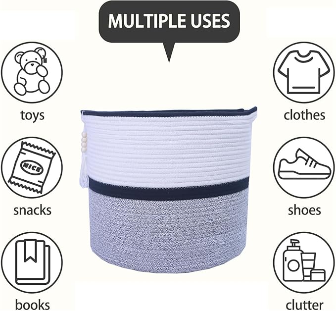 Large Woven Rope Laundry Hamper, Cotton Rope Storage Basket with Handles, Multipurpose Storage Basket for Laundry, Toys, Blankets in Bedroom, Bathroom, Living Room - Stylish & Durable (Black, 55L)