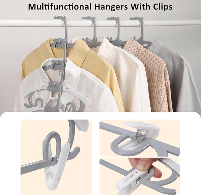 30 Pack Clothes Hangers with 16 Clips, 11-15 inch Plastic Adjustable Clothes Hanger, Durable & Non-Slip, Space Saving Coat Hanger for Pants, Jackets and Dress (Grey)